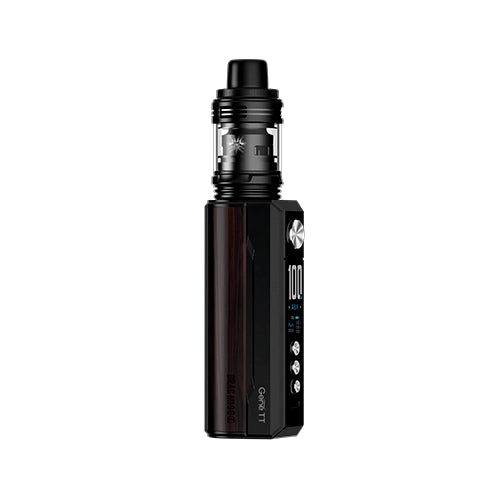 Rechargeable vape Voopoo Drag M100S Kit in black with dark wood details, robust and ergonomic design, digital front screen and transparent Uforce-L top tank for direct lung vaping.