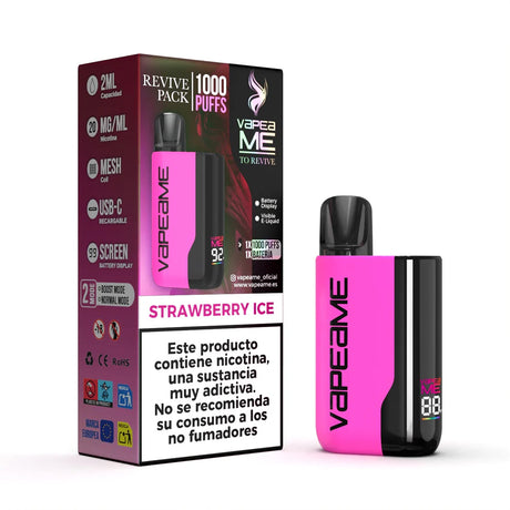 Svapatore Vapeame To Revive Kit Strawberry Ice, dispositivo ricaricabile con un massimo di 1000 boccate e e-liquid al gusto di fragola con un tocco rinfrescante di mentolo, capacità di 2 ml e 20 mg/ml di nicotina, con display della batteria, ricarica USB-C e presentazione con la sua scatola originale.