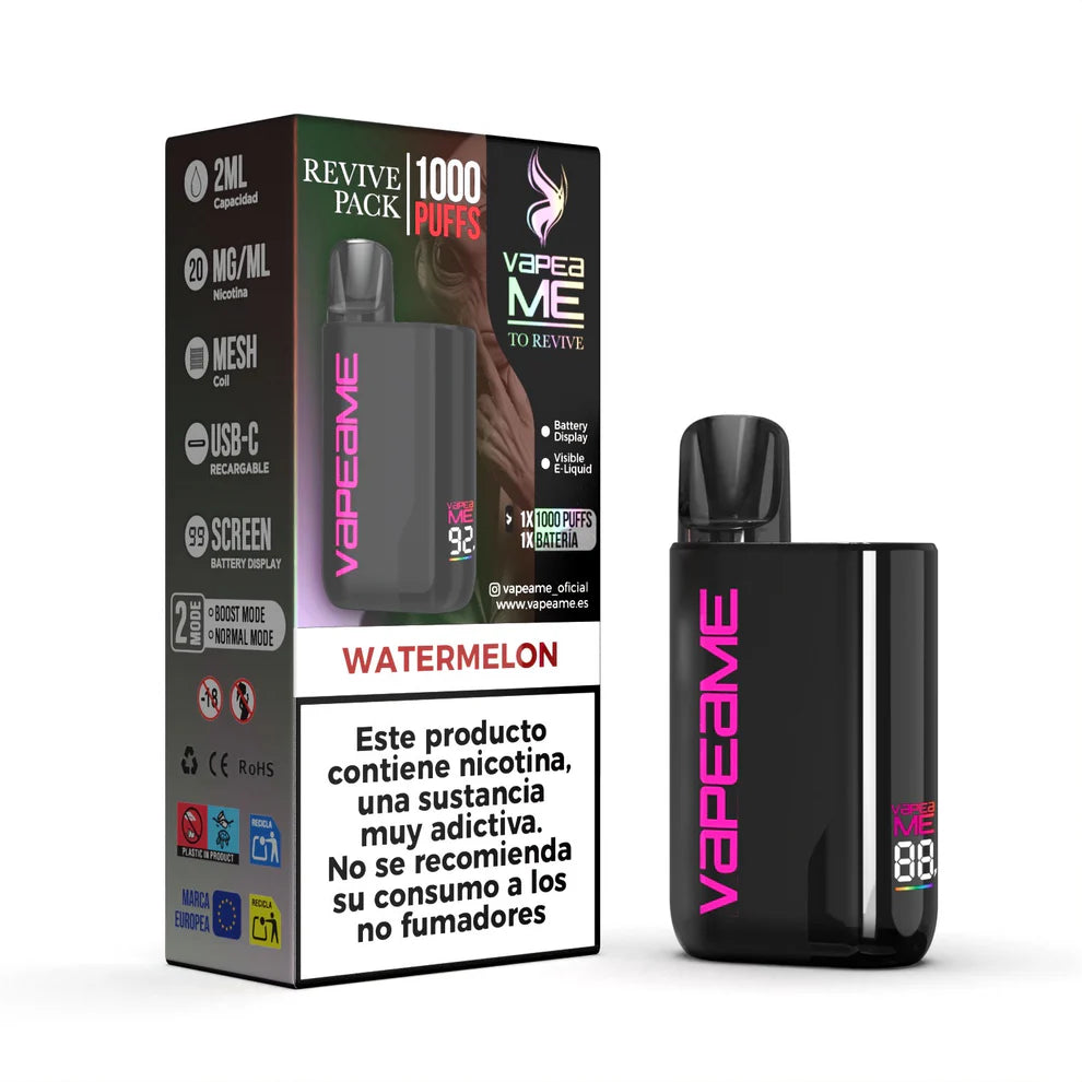 Svapatore Vapeame To Revive Kit Watermelon, dispositivo ricaricabile fino a 1000 puff e e-liquid al gusto di anguria, capacità 2 ml e 20 mg/ml di nicotina, con display della batteria, ricarica USB-C e presentazione con la sua scatola originale
