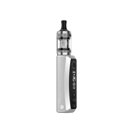 Vaper Vaporesso GTX One Pro Kit en color plateado con diseño ergonómico, pantalla lateral y botones de control, acompañado de un tanque transparente superior con boquilla negra.
