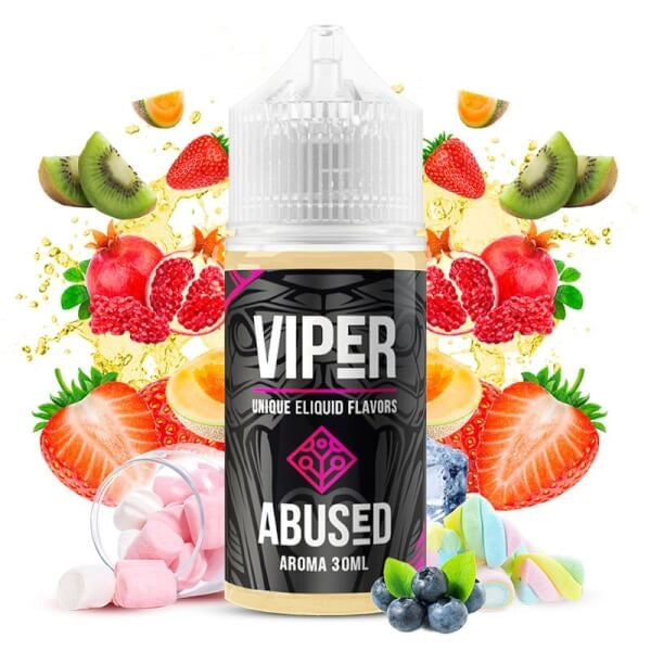 bouteille d'arôme Viper Abusé de 30 ml, avec un design noir et des détails roses, entouré de divers fruits comme la fraise, le kiwi, la grenade et les baies qui représentent sa saveur fruitée.