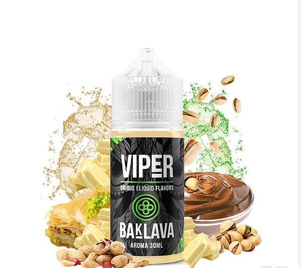 aroma bottle Viper 30 ml baklava, with a black design and distinctive brand details, representing a sweet flavor inspired by the traditional baklava dessert.