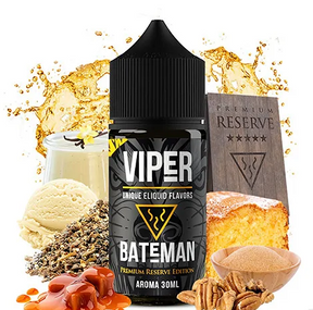 Botella de aroma Viper Bateman de 30 ml, con diseño en negro y detalles dorados, acompañada de ingredientes como caramelo, frutos secos, bizcocho y helado que representan su perfil de sabor dulce y gourmet.