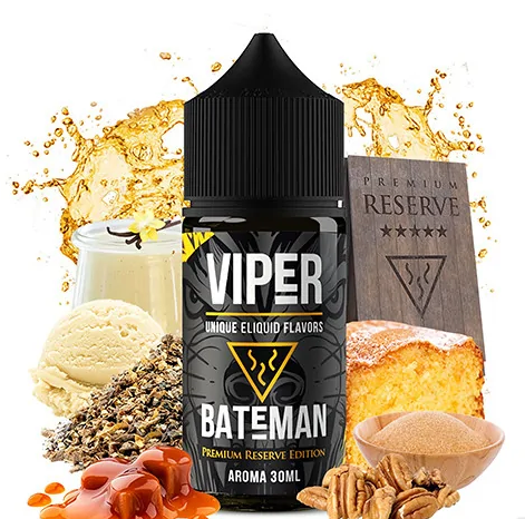 Botella de aroma Viper Bateman de 30 ml, con diseño en negro y detalles dorados, acompañada de ingredientes como caramelo, frutos secos, bizcocho y helado que representan su perfil de sabor dulce y gourmet.