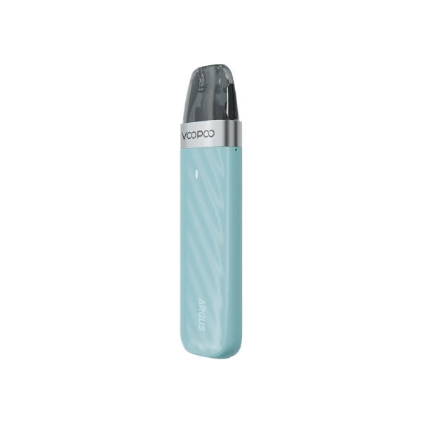 Vaper recargable Voopoo Argus Z2 Pod Kit en color azul claro, con diseño compacto y alargado, acabado texturizado, cartucho superior transparente con boquilla integrada y luz LED frontal indicadora de batería.
