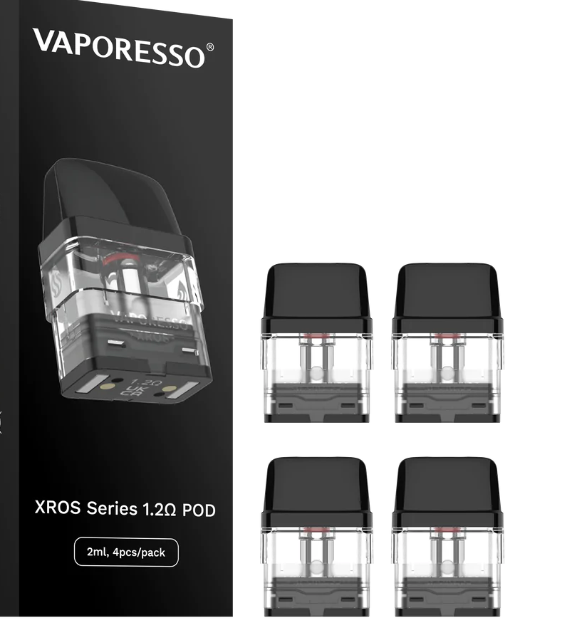 Pack de 4 cartuchos recargables Vaporesso Xros 1.2 ohm con depósito transparente y boquilla negra, presentados junto a su caja original Vaporesso Xros Series.