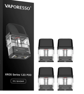 Pack de 4 cartuchos recargables Vaporesso Xros 1.2 ohm con depósito transparente y boquilla negra, presentados junto a su caja original Vaporesso Xros Series.