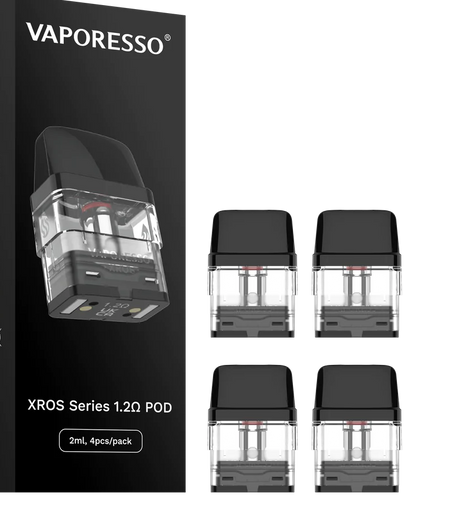 Pack de 4 cartuchos recargables Vaporesso Xros 1.2 ohm con depósito transparente y boquilla negra, presentados junto a su caja original Vaporesso Xros Series.