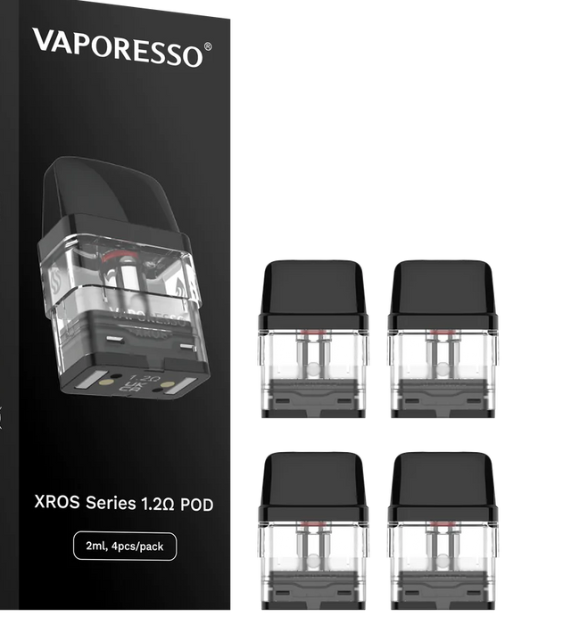 Pack de 4 cartuchos recargables Vaporesso Xros 1.2 ohm con depósito transparente y boquilla negra, presentados junto a su caja original Vaporesso Xros Series.
