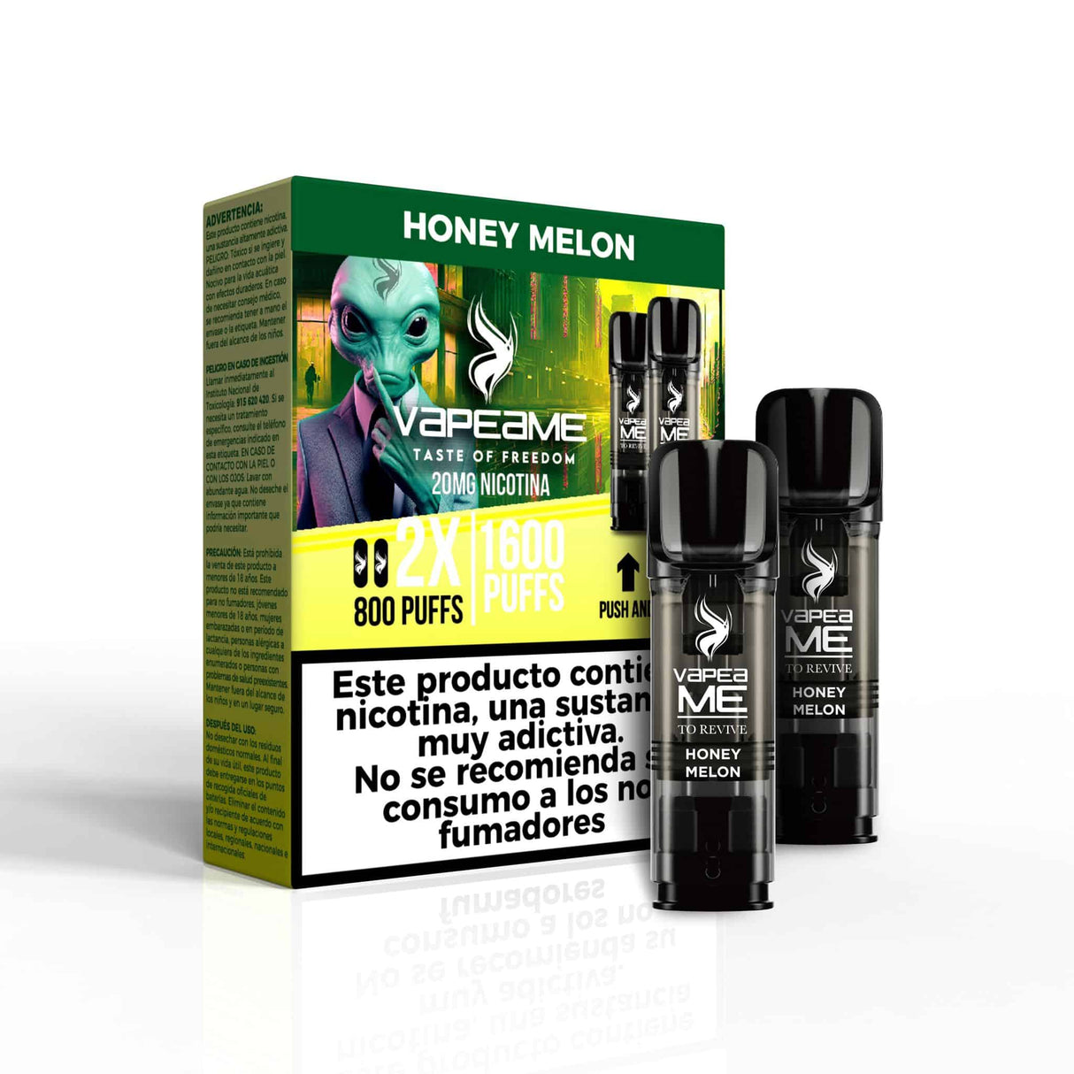 Vapeame To Revive Cápsulas Honey Melon 20mg 1600 puffs (2x800) pack de 2 pods con caja verde.
