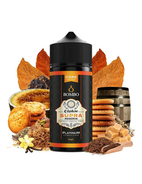 Botella marca bombo, aroma longfill sabor a cookie para vaper. Supra reserve core edition bombo platinum 20ml