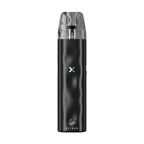 Vaper recargable Elfbar ELFX en color negro con diseño compacto tipo stick, indicador LED frontal, cartucho transparente superior y boquilla integrada.