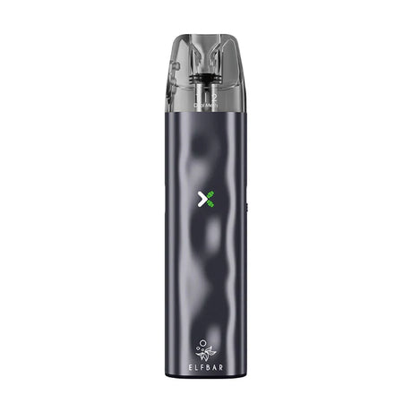 Vaper recargable Elfbar ELFX en color gris con diseño compacto tipo stick, indicador LED frontal, cartucho transparente superior y boquilla integrada.
