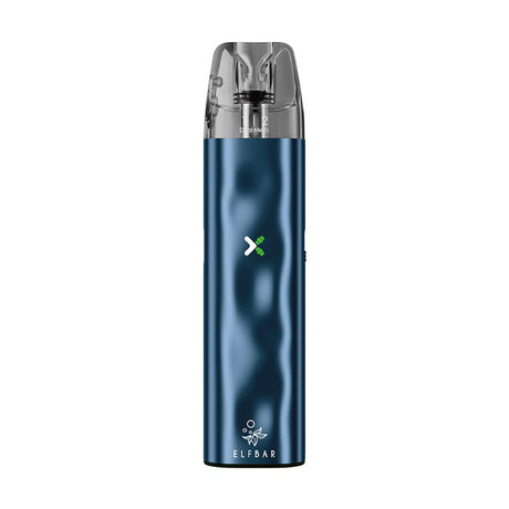Vaper recargable Elfbar ELFX en color azul con diseño compacto tipo stick, indicador LED frontal, cartucho transparente superior y boquilla integrada.