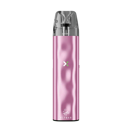 Vaper recargable Elfbar ELFX en color rosa con diseño compacto tipo stick, indicador LED frontal, cartucho transparente superior y boquilla integrada.