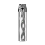 Vaper recargable Elfbar ELFX en color plateado con diseño compacto tipo stick, indicador LED frontal, cartucho transparente superior y boquilla integrada.