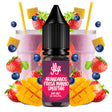 Líquido para vapeo La Yaya Salts Arándanos Fresa Mango Smoothie 10ml con sales de nicotina, botella con diseño en tonos frutales, acompañado de arándanos, fresa y mango que representan su sabor tipo smoothie.