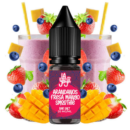 Líquido para vapeo La Yaya Salts Arándanos Fresa Mango Smoothie 10ml con sales de nicotina, botella con diseño en tonos frutales, acompañado de arándanos, fresa y mango que representan su sabor tipo smoothie.