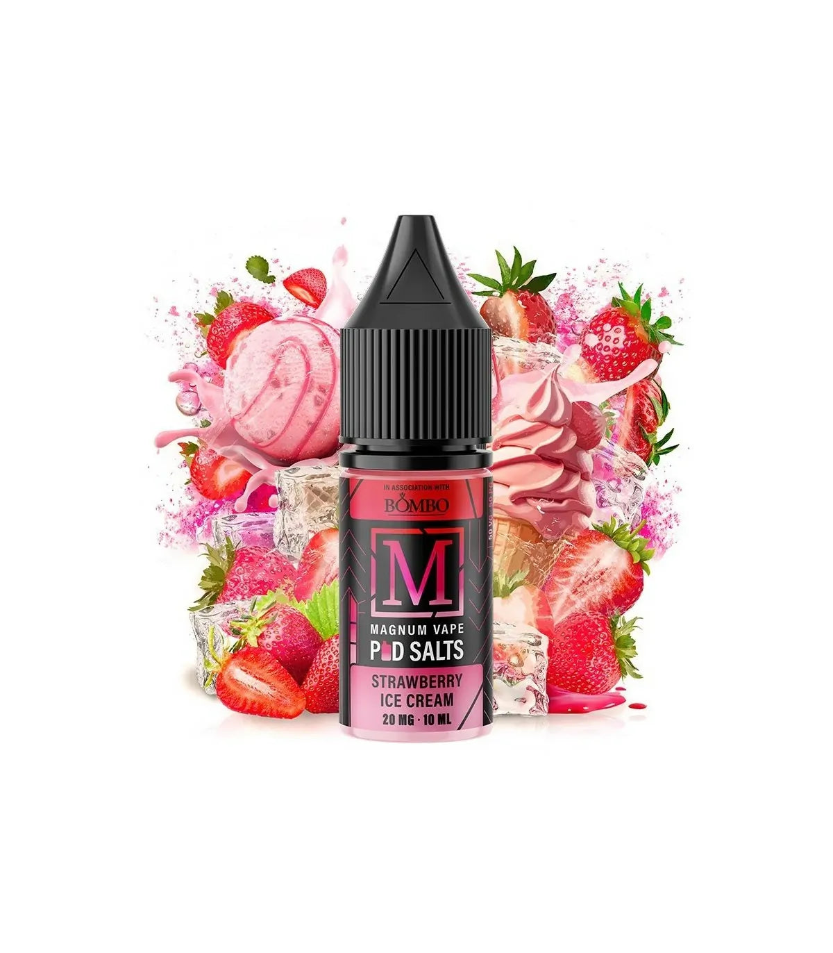 Líquido para vapeo Magnum Vape Salt Strawberry Ice Cream 10ml, botella con diseño colorido acompañada de fresas y helado que representan su sabor dulce y cremoso.