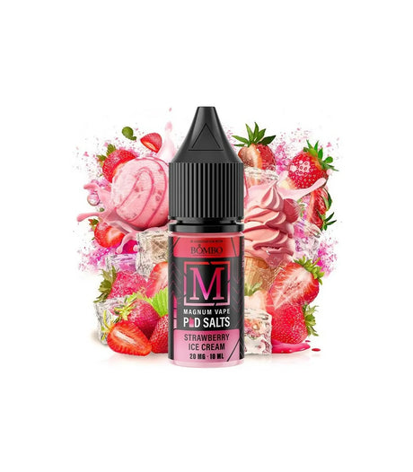 Líquido para vapeo Magnum Vape Salt Strawberry Ice Cream 10ml, botella con diseño colorido acompañada de fresas y helado que representan su sabor dulce y cremoso.