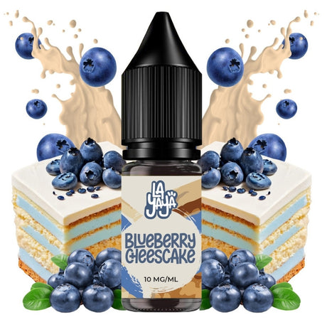 Líquido para vapeo La Yaya Salts Blueberry Cheesecake 10ml con sales de nicotina, botella con diseño en tonos morados y crema, acompañado de arándanos y tarta de queso que representan su sabor.