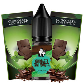 Líquido para vapeo La Yaya Salts Chocolate con Menta 10ml con sales de nicotina, botella con diseño en tonos marrones y verdes, acompañado de chocolate y hojas de menta que representan su sabor.