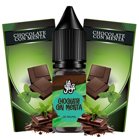Líquido para vapeo La Yaya Salts Chocolate con Menta 10ml con sales de nicotina, botella con diseño en tonos marrones y verdes, acompañado de chocolate y hojas de menta que representan su sabor.