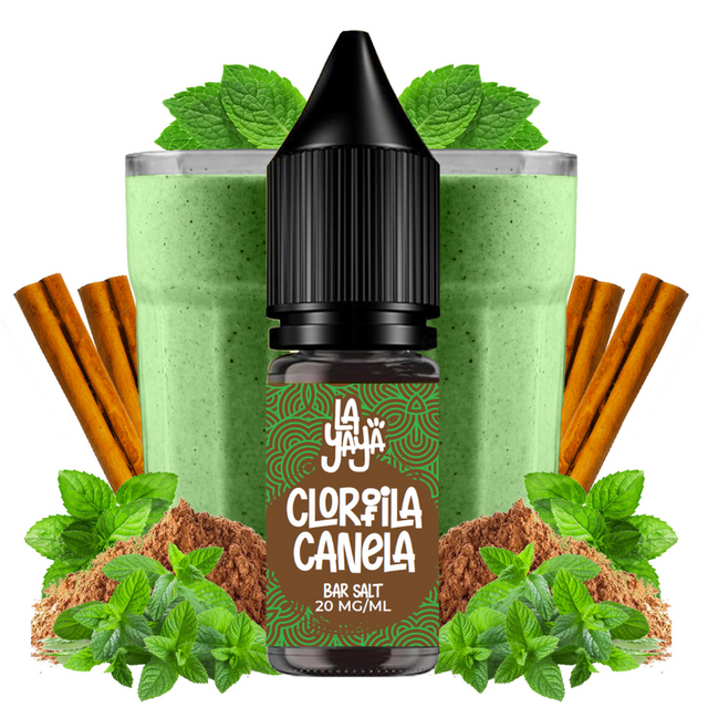 Líquido para vapeo La Yaya Salts Clorofila Canela 10ml con sales de nicotina, botella con diseño en tonos verdes y marrones, acompañado de hojas verdes y canela que representan su sabor.