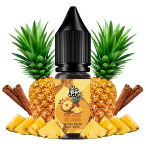 Líquido para vapeo La Yaya Salts Piña Asada con Canela 10ml con sales de nicotina, botella con diseño en tonos amarillos y marrones, acompañado de piña asada y canela que representan su sabor.
