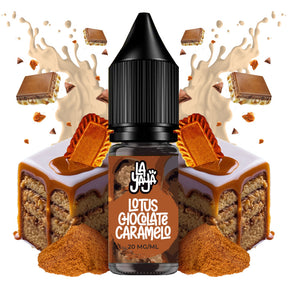 Líquido para vapeo La Yaya Salts Lotus Chocolate Caramelo 10ml con sales de nicotina, botella con diseño en tonos marrones, acompañado de chocolate, caramelo y galleta tipo lotus que representan su sabor.