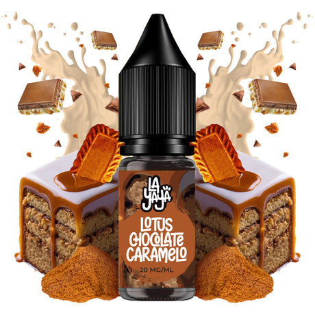 Líquido para vapeo La Yaya Salts Lotus Chocolate Caramelo 10ml con sales de nicotina, botella con diseño en tonos marrones, acompañado de chocolate, caramelo y galleta tipo lotus que representan su sabor.