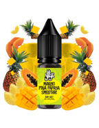Líquido para vapeo La Yaya Salts Mango Piña Papaya Smoothie 10ml con sales de nicotina, botella con diseño en tonos tropicales, acompañado de mango, piña y papaya que representan su sabor tipo smoothie.