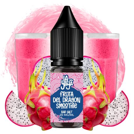 Líquido para vapeo La Yaya Salts Fruta del Dragón Smoothie 10ml con sales de nicotina, botella con diseño en tonos rosados, acompañado de fruta del dragón que representa su sabor tipo smoothie.