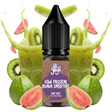 Líquido para vapeo La Yaya Salts Kiwi Passion Guava Smoothie 10ml con sales de nicotina, botella con diseño en tonos tropicales, acompañado de kiwi, fruta de la pasión y guayaba que representan su sabor tipo smoothie.