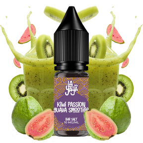 Líquido para vapeo La Yaya Salts Kiwi Passion Guava Smoothie 10ml con sales de nicotina, botella con diseño en tonos tropicales, acompañado de kiwi, fruta de la pasión y guayaba que representan su sabor tipo smoothie.