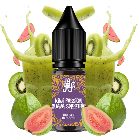 Líquido para vapeo La Yaya Salts Kiwi Passion Guava Smoothie 10ml con sales de nicotina, botella con diseño en tonos tropicales, acompañado de kiwi, fruta de la pasión y guayaba que representan su sabor tipo smoothie.