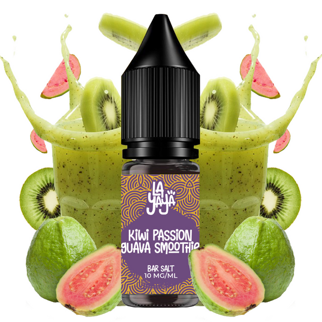 Líquido para vapeo La Yaya Salts Kiwi Passion Guava Smoothie 10ml con sales de nicotina, botella con diseño en tonos tropicales, acompañado de kiwi, fruta de la pasión y guayaba que representan su sabor tipo smoothie.