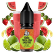 Líquido para vapeo La Yaya Salts Sandía Fresa y Lima Smoothie 10ml con sales de nicotina, botella con diseño en tonos rojos y verdes, acompañado de sandía, fresa y lima que representan su sabor tipo smoothie.