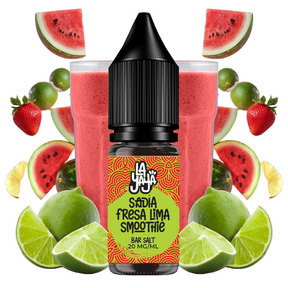 Líquido para vapeo La Yaya Salts Sandía Fresa y Lima Smoothie 10ml con sales de nicotina, botella con diseño en tonos rojos y verdes, acompañado de sandía, fresa y lima que representan su sabor tipo smoothie.