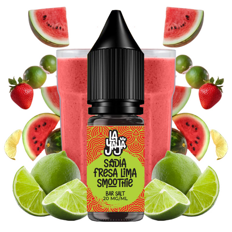 Líquido para vapeo La Yaya Salts Sandía Fresa y Lima Smoothie 10ml con sales de nicotina, botella con diseño en tonos rojos y verdes, acompañado de sandía, fresa y lima que representan su sabor tipo smoothie.