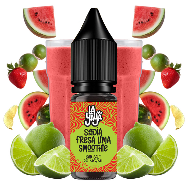 Líquido para vapeo La Yaya Salts Sandía Fresa y Lima Smoothie 10ml con sales de nicotina, botella con diseño en tonos rojos y verdes, acompañado de sandía, fresa y lima que representan su sabor tipo smoothie.